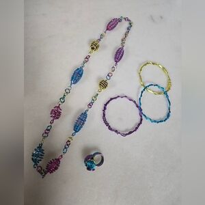Colorful Wire Wrapped Jewelry Set Necklace Bracelets Ring Boho Handmade Statemen
